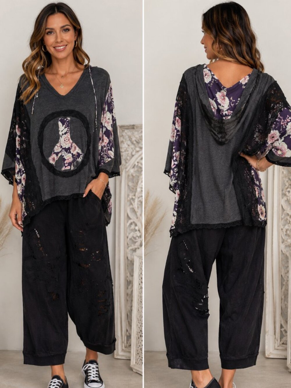 POL Lace Peace Sign Tunic Hoodie L – Charcoal Black Purple Floral Boho Oversized